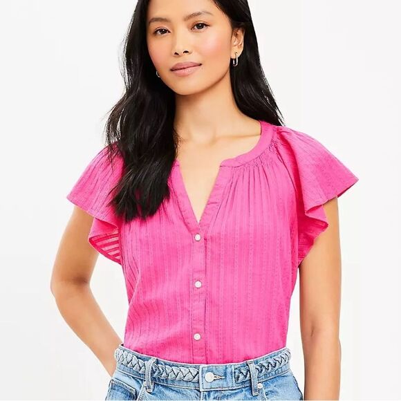 Loft 100 % Cotton Pink Ruffle Sleeves Size Medium - Picture 1 of 9
